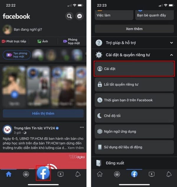 Trên ứng dụng Facebook, hãy chọn biểu tượng tab mở rộng và vào mục "Cài đặt".