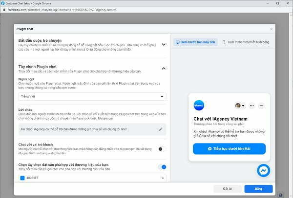 Giao diện cài đặt khi tích hợp facebook chat vào website
