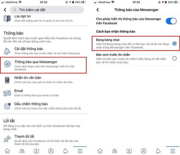 Người dùng iPhone chọn mục "Thông báo qua Messenger". Nếu Facebook đã hỗ trợ, người dùng có thể bật tính năng "Bong bóng chat".