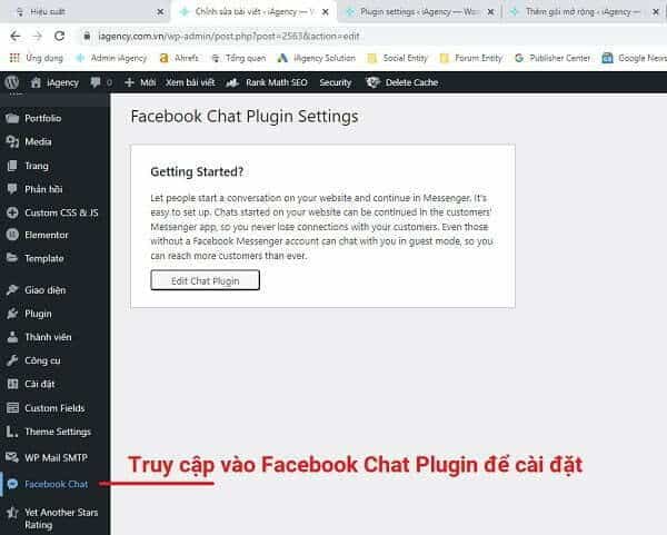 Khi cài đặt Facebook Chat Plugin, phần setup nó sẽ xuất hiện ở Dashboard trong trang quản trị website